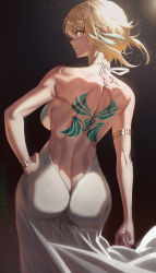 Rule 34 | 1girl, absurdres, ass, back tattoo, backless dress, backless outfit, bare shoulders, black background, blonde hair, breasts, butt crack, cozyu, dress, feather hair ornament, from behind, genshin impact, gradient background, hair ornament, halterneck, hand on own hip, highres, huge ass, large breasts, looking at viewer, looking back, lumine (genshin impact), no bra, no panties, orange eyes, shiny skin, short hair with long locks, sideboob, simple background, smile, solo, tattoo
