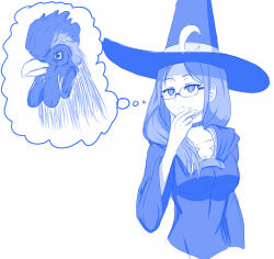 Rule 34 | 1girl, bird, blue theme, breasts, chicken, choker, cleavage, closed mouth, crescent, crescent pin, dress, glasses, hand on own chin, hand up, hat, hat pin, highres, little witch academia, monochrome, rooster, semi-rimless eyewear, simple background, solo, symbolism, thinking, thought bubble, under-rim eyewear, upper body, ursula callistis, viperxtr, white background, witch, witch hat
