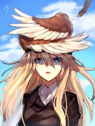 Rule 34 | 1girl, blonde hair, blue eyes, blue sky, blurry, cloud, day, depth of field, feathers, hair between eyes, hanna-justina marseille, head wings, long hair, miyoichi ( miyoichi), parted lips, shaded face, signature, sky, solo, strike witches, upper body, wind, wings, witches of africa, world witches series