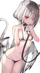 Rule 34 | 1girl, amakawa sakko, animal ears, bare arms, bare shoulders, bikini, black bikini, black choker, breasts, cat ears, cat girl, cat tail, choker, closed mouth, cowboy shot, extra ears, highres, leash, long hair, looking at viewer, low twintails, low wings, micro bikini, navel, original, red eyes, small breasts, smile, solo, stomach, string bikini, swimsuit, tail, thighs, twintails, very long hair, white hair, wings
