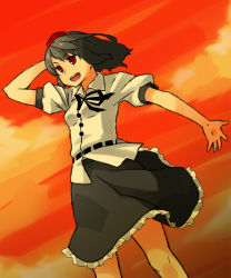 Rule 34 | 1girl, bad id, bad pixiv id, black hair, blouse, cloud, cowboy shot, hand in own hair, hat, looking at viewer, looking away, neck ribbon, open mouth, outstretched arm, puffy sleeves, red eyes, ribbon, shameimaru aya, shirt, short hair, skirt, smile, solo, sunset, suzuki natsume, tokin hat, touhou, wind
