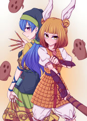 Rule 34 | &gt;:(, 2girls, armor, armored dress, back-to-back, benizuwai, blonde hair, blue hair, blunt bangs, blush, chisel, commentary request, cowboy shot, double bun, dress, earrings, from behind, gradient background, grin, hair bun, hair ribbon, haniwa (statue), haniyasushin keiki, head scarf, highres, holding, jewelry, joutouguu mayumi, long hair, looking at viewer, looking back, multiple girls, orange background, pants, parted lips, profile, puffy short sleeves, puffy sleeves, purple eyes, ribbon, shirt, short hair, short sleeves, smile, standing, touhou, v-shaped eyebrows, vambraces, white background, white pants, white ribbon, white shirt, yellow dress, yellow eyes