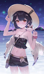 Rule 34 | 1girl, absurdres, animal, animal on shoulder, arm up, bag, bare arms, bare shoulders, belt, black hair, black shirt, black shorts, blush, bow, breasts, brown hat, buckle, collarbone, commentary request, cowboy shot, crop top, goggles, granblue fantasy, hair between eyes, hair bobbles, hair bow, hair ornament, hand on headwear, hand up, hat, heart, heart-shaped buckle, highres, jacket, jacket on shoulders, looking at viewer, low twintails, medium hair, midriff, mountain, mouse (animal), navel, night, night sky, ocean, ohihil, outdoors, parted lips, pink scrunchie, red eyes, scrunchie, shirt, short shorts, short twintails, shorts, shoulder bag, sky, small breasts, solo, standing, strapless, strapless shirt, sun hat, twintails, v, vikala (granblue fantasy), water, white belt, wrist scrunchie