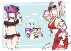 Rule 34 | 2girls, arknights, bare shoulders, bikini, bikini skirt, black bikini, black choker, black skirt, blue background, breasts, chibi, chinese commentary, choker, commentary request, cowboy shot, eyewear on head, highres, horns, jacket, lava (arknights), long hair, mabing, medium breasts, microskirt, multiple girls, navel, nian (arknights), off-shoulder bikini, off shoulder, open clothes, open jacket, parted lips, pointy ears, purple eyes, purple hair, sarong, sidelocks, silver hair, skirt, standing, stomach, sunglasses, swimsuit, thighs, twintails, white jacket