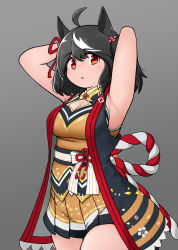 Rule 34 | 1girl, absurdres, animal ears, armpits, arms up, bare shoulders, black hair, black thighhighs, blush, breasts, chanchanko (clothes), cleavage, cleavage cutout, clothing cutout, commentary request, cowboy shot, cropped arms, detached sleeves, grey background, highres, horse ears, horse girl, horse tail, kitasan black (umamusume), large breasts, looking at viewer, mintia1911, multicolored background, multicolored clothes, multicolored hair, obi, open mouth, orange shirt, orange skirt, red eyes, sash, shirt, skindentation, skirt, smile, solo, streaked hair, tail, teeth, thighhighs, two side up, umamusume, white hair