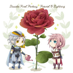 Rule 34 | 10s, 1980s (style), 1boy, 1girl, armor, bandana, blue eyes, boots, cape, character name, chibi, copyright name, dissidia 012 final fantasy, dissidia final fantasy, earrings, final fantasy, final fantasy ii, final fantasy xiii, fingerless gloves, flower, firion, gloves, grey hair, jewelry, lightning farron, pencil skirt, pink hair, rinko-h, rose, skirt, smile, sparkle, standing, watering can, yellow eyes