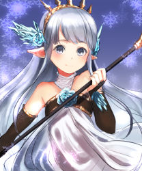 Rule 34 | 10s, 1girl, bare shoulders, blue flower, blue rose, blush, bridal gauntlets, crystal, dress, flat chest, flower, gradient background, granblue fantasy, grey eyes, halterneck, holding, holding staff, lily (granblue fantasy), long hair, looking at viewer, pointy ears, purple background, rose, silver hair, smile, snowflakes, solo, staff, tiara, upper body, uro (uro zi), very long hair, white dress