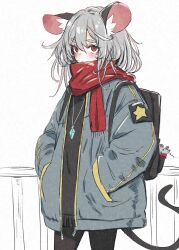 Rule 34 | 1girl, adapted costume, animal, animal ears, black pantyhose, blush, cowboy shot, deal360acv, grey hair, grey jacket, hair between eyes, hands in pockets, highres, jacket, jewelry, mouse (animal), mouse ears, mouse tail, nazrin, open clothes, open jacket, pantyhose, pendant, red eyes, red scarf, scarf, short hair, solo, tail, touhou
