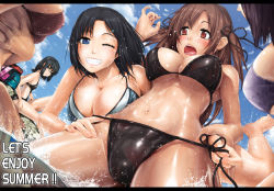 Rule 34 | 5girls, :o, assisted exposure, bikini, black hair, blue eyes, blush, breasts, brown eyes, brown hair, cameltoe, cleavage, cloud, day, embarrassed, english text, from below, glasses, green eyes, grin, hair ornament, hairclip, hip bones, inoue makito, large breasts, long hair, multiple girls, navel, one eye closed, open mouth, original, red eyes, shiny clothes, shiny skin, side-tie bikini bottom, sideboob, smile, string bikini, summer, swimsuit, twintails, underboob, untying, water, wet, wink
