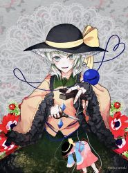Rule 34 | 1girl, black hat, blouse, blue shirt, blush, bow, character doll, cutting, doll joints, eyeball, floral background, floral print, frills, green eyes, green hair, green skirt, grey background, hat, hat bow, hat ribbon, heart, heart of string, highres, holding, holding scissors, joints, komeiji koishi, komeiji satori, looking at viewer, marionette, mitunanaki, open mouth, pink hair, pink skirt, puppet, puppet strings, ribbon, scissors, shirt, short hair, sitting, skirt, smile, solo, swept bangs, third eye, touhou, twitter username, wide sleeves, yellow bow, yellow ribbon, yellow shirt