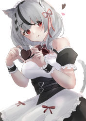 1girl absurdres animal_ear_fluff animal_ears apron bare_shoulders black_hair braid breasts candy cat_ears cat_tail chocolate chocolate_heart detached_collar dutch_angle food grey_hair hair_ribbon heart heart_hands highres hololive large_breasts looking_at_viewer maid maid_apron maid_headdress multicolored_hair nail_polish red_eyes red_nails red_ribbon ribbon sakamata_chloe short_hair smile solo streaked_hair tail tongue tongue_out unidon_48 valentine virtual_youtuber white_background wristband