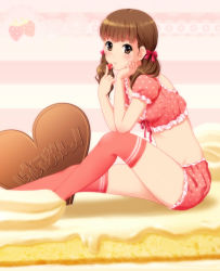 Rule 34 | 1girl, bad id, bad pixiv id, brown eyes, brown hair, candy, chocolate, chocolate heart, copyright name, extra, food, frills, fruit, heart, k-on!, long hair, polka dot, shian (my lonly life.), shorts, solo, strawberry, thighhighs, twintails, wakaouji ichigo