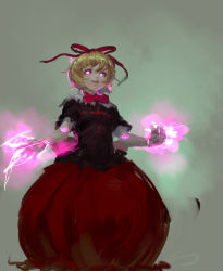 Rule 34 | 1girl, alternate eye color, blonde hair, bob cut, bow, bowtie, bubble skirt, clenched hand, commentary request, doll joints, electricity, energy, evil smile, frilled shirt collar, frilled sleeves, frills, from below, glowing, glowing eyes, glowing hands, green background, grey background, hair ribbon, inishie kumo, joints, lightning, magic, medicine melancholy, one-hour drawing challenge, open mouth, outstretched hand, pink eyes, puffy short sleeves, puffy sleeves, red bow, red bowtie, red ribbon, red skirt, ribbon, ribbon-trimmed shirt, short hair, short sleeves, skirt, smile, solo, teeth, touhou, upper teeth only
