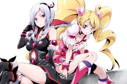 Rule 34 | 00s, 2girls, black neckwear, blonde hair, blush, boots, bow, breasts, choker, cleavage, crossed legs, cure peach, earrings, eas (fresh precure!), elbow gloves, fresh precure!, gloves, hair ornament, hairband, heart, heart hair ornament, higashi setsuna, jewelry, knee boots, long hair, magical girl, medium breasts, momozono love, multiple girls, nakahira guy, pink bow, pink eyes, pink footwear, precure, silver hair, sitting, smile, twintails, white background