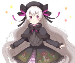 Rule 34 | 1girl, :d, black bow, black bowtie, black capelet, black dress, black hat, blush, bow, bowtie, capelet, cowboy shot, dress, fate/grand order, fate (series), fur-trimmed capelet, fur trim, grey hair, hair bow, hat, jalm, long hair, long sleeves, looking at viewer, nursery rhyme (fate), open mouth, parted lips, pink eyes, smile, solo, standing, very long hair