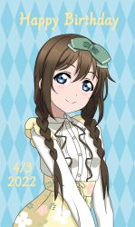 Rule 34 | 1girl, 2022, alternate hairstyle, aqua background, aqua eyes, argyle, argyle background, argyle clothes, artist name, artist request, blue eyes, blush, bow, braid, breasts, brown hair, buttons, center frills, collared dress, dated, dress, female focus, flower print, frills, green bow, hair between eyes, hair bow, hair ornament, long hair, long sleeves, looking at viewer, love live!, love live! nijigasaki high school idol club, love live! school idol festival, miniskirt, osaka shizuku, parted lips, plaid, plaid dress, plaid skirt, pleated, pleated dress, pleated skirt, skirt, small breasts, smile, solo, twin braids, white dress, yellow skirt