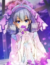 Rule 34 | 1girl, blue eyes, covering own mouth, curly hair, flower, gloves, grey hair, holding, holding flower, long hair, looking at viewer, melia antiqua, purple flower, solo, twitter username, upper body, uruha (yw1109), white gloves, xenoblade chronicles (series), xenoblade chronicles 1