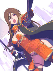 Rule 34 | 1girl, armor, boobplate, breastplate, breasts, brown hair, cleavage, dutch angle, enkyo yuuichirou, eyepatch, faulds, gloves, hair ornament, haori, highres, hisho collection, japanese armor, japanese clothes, katana, kote, kusazuri, long hair, looking at viewer, medium breasts, one eye covered, open mouth, purple eyes, samurai, shoulder armor, sode, solo, standing, sword, thighhighs, weapon
