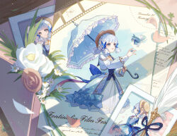 Rule 34 | 1girl, autumnlll, ayaka (genshin impact), back bow, bird, blue bow, blue dress, blue eyes, blue hair, blue umbrella, blunt bangs, bow, braid, brown hat, butterfly hair ornament, closed mouth, commentary, dress, flower, frills, genshin impact, hair flower, hair ornament, hair up, hand on headwear, hat, hat ribbon, highres, holding, holding umbrella, kamisato ayaka, kamisato ayaka (springbloom missive), light blue hair, long sleeves, looking at viewer, official alternate costume, official alternate hairstyle, open mouth, petals, photo (object), puffy long sleeves, puffy sleeves, quill, ribbon, smile, solo, umbrella, white flower, white ribbon