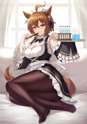 Rule 34 | 1girl, agnes tachyon (umamusume), ahoge, animal ears, beak, bed sheet, black bow, black bowtie, bow, bowtie, breasts, brown hair, brown pantyhose, cleavage, cleavage cutout, clothing cutout, curtains, detached collar, detached sleeves, earrings, full body, highres, holding, holding pen, holding tray, horse ears, horse girl, horse tail, jewelry, looking at viewer, maid headdress, medium breasts, medium hair, no shoes, open mouth, orange eyes, pantyhose, pen, single earring, sitting, sleeves past fingers, sleeves past wrists, smile, solo, tail, test tube, test tube rack, tray, umamusume, vococo, window, yokozuwari
