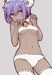 Rule 34 | 1girl, bare arms, bare shoulders, bell, blush, bow, breasts, closed mouth, cowboy shot, dark-skinned female, dark skin, fate/grand order, fate/prototype, fate/prototype: fragments of blue and silver, fate (series), grey background, hair between eyes, hands up, hassan of serenity (fate), hassan of serenity (merry sheep) (fate), horns, i.u.y, looking at viewer, navel, panties, purple eyes, purple hair, red bow, red neckwear, ribbon-trimmed legwear, ribbon trim, shiny skin, short hair, simple background, small breasts, smile, solo, standing, stomach, thighhighs, underboob, underwear, underwear only, white panties, white thighhighs