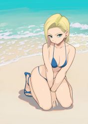 Rule 34 | 1girl, absurdres, alternate costume, android 18, beach, bikini, blonde hair, blue bikini, blue eyes, bracelet, breasts, closed mouth, commentary request, dragon ball, dragonball z, earrings, full body, high heels, highres, jewelry, kneeling, looking at viewer, medium breasts, rokoido12, short hair, solo, swimsuit