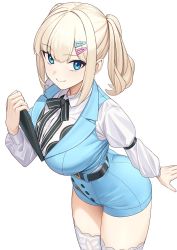 Rule 34 | 1girl, aqua eyes, aqua shorts, belt, black neckwear, blonde hair, blue eyes, closed mouth, collared shirt, cowboy shot, hair ornament, hairclip, hand on own hip, highres, holding, long sleeves, looking at viewer, medium hair, michitaro smile, original, shirt, shirt tucked in, shorts, simple background, smile, solo, thighhighs, twintails, white background, white shirt, zipper