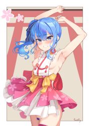 Rule 34 | 1girl, absurdres, armpits, arms up, blue eyes, blue hair, blue nails, breasts, cherry blossoms, clenched teeth, collared shirt, commentary request, cosplay, female pubic hair, floral print, frilled shirt, frills, hair between eyes, hair ribbon, harry (dudwofla), high-waist skirt, highres, hololive, hoshimachi suisei, korean commentary, long hair, looking at viewer, nipples, nontraditional miko, pink skirt, pubic hair, revealing clothes, ribbon, sakura miko, sakura miko (1st costume), sakura miko (cosplay), shirt, side ponytail, sideless outfit, skirt, small breasts, solo, teeth, virtual youtuber, white shirt, white skirt