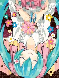 Rule 34 | 1girl, aqua hair, ayame (3103942), bad id, bad pixiv id, closed eyes, flower, frills, hair ribbon, own hands clasped, hatsune miku, head tilt, long hair, melt (vocaloid), own hands together, ribbon, smile, solo, twintails, upside-down, vocaloid