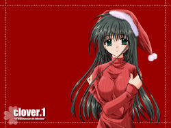 Rule 34 | 1girl, artist name, black hair, christmas, clover, clover (game cg), copyright name, crossed arms, green eyes, hat, highres, long hair, long sleeves, looking at viewer, nishimata aoi, pom pom (clothes), red background, ribbed sweater, santa hat, simple background, smile, solo, sweater, tareme, turtleneck, upper body, wallpaper
