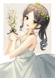 Rule 34 | 1girl, bad id, bad pixiv id, bare shoulders, black hair, black ribbon, blush, breasts, collarbone, dress, earrings, flower, green eyes, highres, holding, holding flower, jewelry, long hair, looking at viewer, original, parted bangs, ponytail, ribbon, sidelocks, simple background, small breasts, smile, solo, teeth, upper teeth only, white dress, white flower, yuhi (hssh 6)