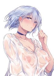 Rule 34 | 1girl, blue eyes, blue hair, blush, breasts, choker, collarbone, eyelashes, highres, large breasts, looking at viewer, no bra, original, see-through, short hair, solo, wet, wet clothes, white background, wind, yukibuster z