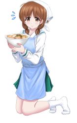 Rule 34 | 1girl, absurdres, alternate hairstyle, apron, bandana, blouse, blue apron, bowl, brown eyes, brown hair, closed mouth, commentary, flying sweatdrops, food, full body, girls und panzer, green skirt, hair tie, highres, holding, holding bowl, kneeling, long sleeves, looking at viewer, low twintails, miniskirt, neckerchief, nishizumi miho, no shoes, noodles, ooarai school uniform, pleated skirt, ramen, sailor collar, school uniform, serafuku, shirt, short hair, simple background, skirt, smile, socks, solo, twintails, white background, white bandana, white sailor collar, white shirt, white socks, zaofeng