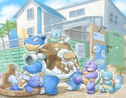 Rule 34 | alternate color, bathing, blastoise, blue sky, building, claws, cleaning brush, creatures (company), dated, day, evolutionary line, game freak, gen 1 pokemon, highres, holding, house, katkichi, multiple boys, nintendo, no humans, open mouth, outdoors, palm tree, pokemon, pokemon (creature), scrub, shiny and normal, shiny pokemon, sky, smile, squirtle, standing, tortoise, tree, turtle, wartortle, water