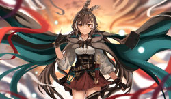 Rule 34 | 1girl, advarcher, ahoge, artist name, bandaid, belt, black belt, black gloves, black thighhighs, bow, breasts, brown bow, brown cloak, brown eyes, brown hair, cloak, closed mouth, commentary, dagger, feather hair ornament, feathers, friend (nanashi mumei), gloves, hair ornament, hairclip, highres, hololive, hololive english, hood, hooded cloak, knife, lantern, long hair, medium breasts, multicolored hair, nanashi mumei, over-kneehighs, partially fingerless gloves, pointing, pointing up, ponytail, puffy sleeves, red skirt, sheath, sheathed, shirt, skirt, solo, streaked hair, thighhighs, very long hair, virtual youtuber, weapon, white shirt