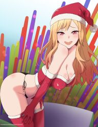 Rule 34 | 1girl, animanghayodraw, ass, blonde hair, blush, breasts, covered erect nipples, hat, highres, kitagawa marin, large breasts, long hair, open mouth, red eyes, santa hat, solo, sono bisque doll wa koi wo suru