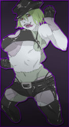 Rule 34 | 1girl, belt, boots, breasts, fang, garter straps, gloves, green hair, hat, large breasts, negotiation, peaked cap, purple lips, red eyes, saliva, scar, short hair, short shorts, shorts, skull and crossbones, solo, stitches, thigh boots, thighhighs, tongue, tongue out, underboob, yurikawa midori, zombie, zombie-ya reiko
