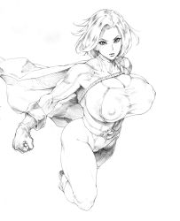 Rule 34 | 1girl, absurdres, bare legs, bonten, boots, breasts, cape, cleavage, cleavage cutout, clothing cutout, covered erect nipples, curvy, dc comics, female focus, flying, highleg, highleg leotard, highres, huge breasts, leotard, lips, looking at viewer, monochrome, nipples, no bra, power girl, short hair, sketch, smile, solo, thong leotard, wide hips