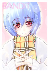 Rule 34 | 1girl, :d, ayanami rei, blue hair, coat, hair between eyes, kawakami shuuichi, long sleeves, looking at viewer, neon genesis evangelion, open mouth, own hands together, pink background, plaid, plaid scarf, red eyes, scarf, short hair, shu (artist), simple background, smile, solo, teeth, upper body, winter clothes, yellow scarf