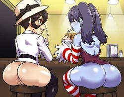 Rule 34 | 2girls, anus, ass, black hair, blue skin, bottomless, breasts, cleft of venus, colored skin, dynamo heart, filia (skullgirls), hat, huge ass, long hair, looking at another, milkshake, multiple girls, open clothes, open mouth, purple hair, pussy, sitting, skullgirls, small breasts, squigly (skullgirls), striped legwear, thick thighs, thighhighs, thighs, twintails, uncensored, zenra, zombie
