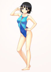 Rule 34 | 1girl, :3, absurdres, asics, bare arms, bare legs, bare shoulders, barefoot, black eyes, black hair, breasts, collarbone, competition swimsuit, covered navel, full body, hand on own hip, highres, kuri (kurigohan), looking at viewer, medium breasts, one-piece swimsuit, original, short hair, simple background, solo, standing, swimsuit, v over eye