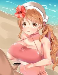 Rule 34 | 1boy, 1girl, bar censor, beach, bikini, blush, breasts squeezed together, breasts, brown eyes, brown hair, censored, collarbone, day, flower, halterneck, halterneck, hat, heart, heart-shaped pupils, hetero, hibiscus, highres, huge breasts, kantai collection, kona matsu, large breasts, littorio (kancolle), long hair, multi-strapped bikini, navel, open mouth, paizuri, paizuri under clothes, penis, red bikini, smile, string bikini, sweat, swimsuit, symbol-shaped pupils, wavy hair