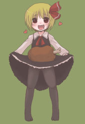 Rule 34 | 1girl, blonde hair, boned meat, bow, clothes lift, dress, dress lift, embodiment of scarlet devil, female focus, food, full body, hair bow, heart, meat, no shoes, pantyhose, red eyes, rumia, saliva, short hair, simple background, skirt basket, skirt hold, solo, toto (hitori othello), touhou