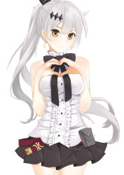 Rule 34 | 1girl, :3, absurdres, belt, belt pouch, black bow, black skirt, bow, brown eyes, brs--wrs, chain belt, cowboy shot, crescent, crescent earrings, diamond hair ornament, drop earrings, earrings, five-seven (girls&#039; frontline), girls&#039; frontline, grey hair, hair ribbon, heart, heart hands, highres, jewelry, long hair, looking at viewer, new york yankees, ponytail, pouch, ribbon, shirt, simple background, skirt, sleeveless, sleeveless shirt, solo, thighs, very long hair, white background, white shirt
