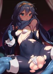 Rule 34 | 1girl, ass, bikini, bikini under clothes, blue eyes, blue footwear, blue gloves, blue hair, blush, boots, breasts, cameltoe, cape, cleavage, cleft of venus, covered erect nipples, covered navel, elbow gloves, fingerless gloves, fire emblem, fire emblem awakening, fuya (tempupupu), gloves, hair between eyes, knee boots, long hair, looking at viewer, lucina (fire emblem), nintendo, open mouth, puffy nipples, shade, small breasts, solo, spread legs, sweat, swimsuit, thighs, tiara, torn clothes, white bikini