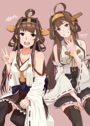 Rule 34 | 2girls, ahoge, alakoala, artist name, boots, brown hair, brown skirt, collaboration, dated, detached sleeves, double bun, dual persona, frilled skirt, frills, grin, hairband, headgear, highres, ichiroku (sakumogu-029), kantai collection, kongou (kancolle), long hair, multiple girls, nontraditional miko, open mouth, pantyhose, pleated skirt, purple eyes, ribbon-trimmed sleeves, ribbon trim, skirt, smile, teeth, thigh boots, thighhighs, upper teeth only