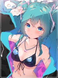 Rule 34 | 1girl, aqua hair, bikini, black bikini, blush, breasts, closed mouth, collarbone, commentary request, detached sleeves, front-tie bikini top, front-tie top, halkawa501, hatsune miku, highres, jewelry, long hair, looking at viewer, necklace, small breasts, solo, swimsuit, twintails, upper body, very long hair, vocaloid, wide sleeves