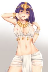 Rule 34 | 1girl, absurdres, amulet, arcie albano, bare shoulders, bracelet, breasts, cleavage, earrings, egyptian, egyptian clothes, hidan no aria, highres, hoop earrings, jewelry, looking at viewer, medium breasts, midriff, navel, necklace, nipples, patra (hidan no aria), pendant, purple eyes, purple hair, see-through, short hair, smile, solo, sweat, usekh collar, wet