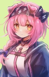 Rule 34 | 1girl, 3 (sanyako1), animal ears, antenna hair, arknights, black bow, black collar, black hairband, black jacket, blue bow, blush, bow, braid, breasts, cat ears, cat girl, collar, floppy ears, frown, goldenglow (arknights), hair bow, hair ornament, hairband, hairclip, highres, jacket, lightning bolt print, long hair, looking at viewer, open clothes, open jacket, pink hair, print bow, print hairband, shirt, small breasts, solo, upper body, white shirt, yellow eyes