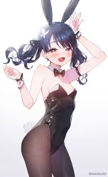 Rule 34 | 1girl, :d, animal ears, arm up, armband, armpits, blue hair, blush, bow, bowtie, breasts, brown pantyhose, commentary request, cowboy shot, dark blue hair, detached collar, fake animal ears, fang, fukumaru koito, heart, heart-shaped pupils, highres, idolmaster, idolmaster shiny colors, kuri choko, leotard, looking at viewer, looking to the side, open mouth, pantyhose, playboy bunny, rabbit ears, rabbit tail, simple background, skin fang, small breasts, smile, smirk, solo, symbol-shaped pupils, tail, twintails, wavy hair, white background, wrist cuffs